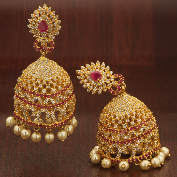 Heritage Style White Ruby American Diamond Micro Gold Plated Big Jhumka Earrings – Classic Designer Wedding Traditional Bridal Jewellery for Regal Ethnic Beauty - Sasitrends