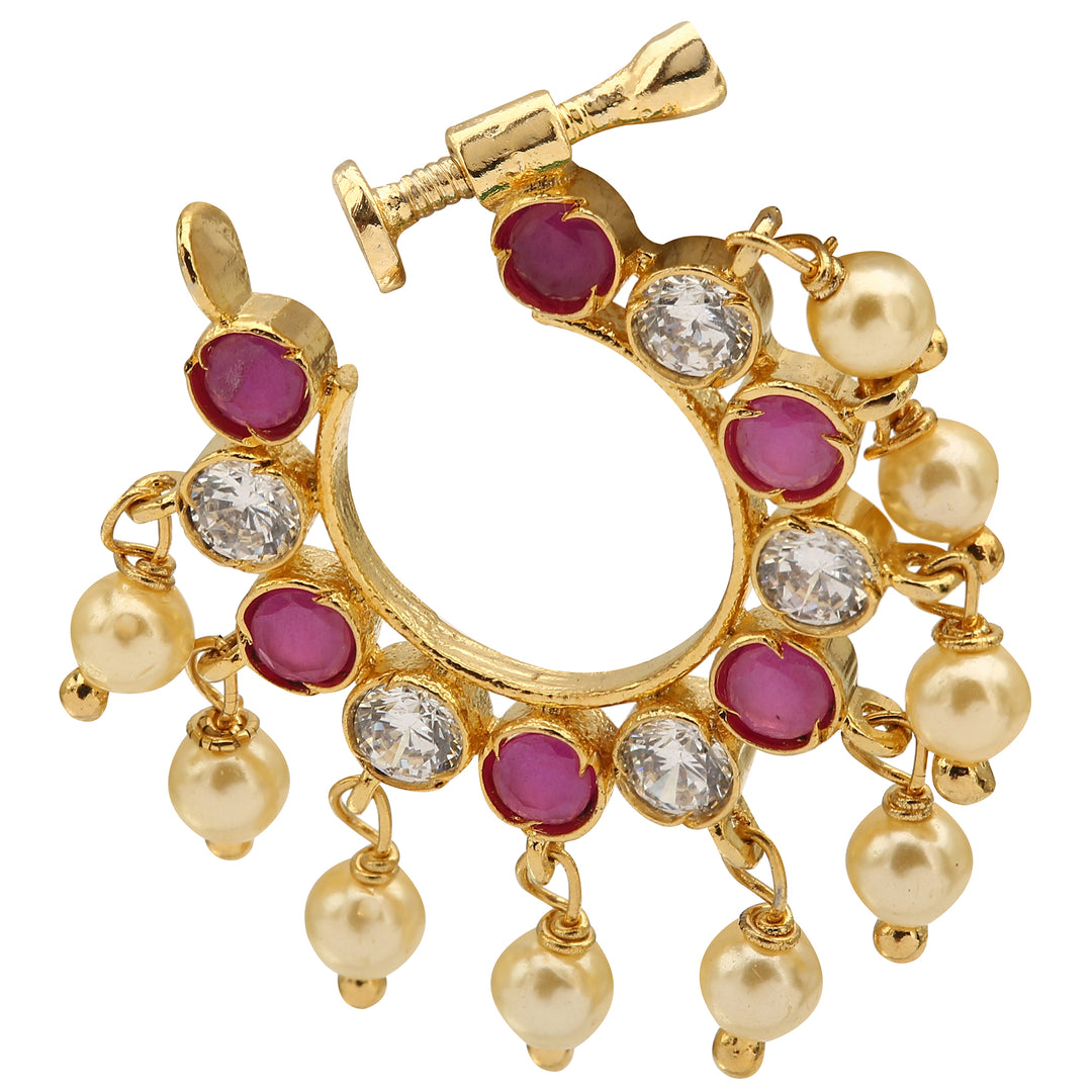 Elegant Non Piercing Nose Ring For Wedding Featuring Ruby-White Stones In A Traditional Bridal Nath Design, A Stunning Ethnic Jewellery Piece Available Online – Sasitrends