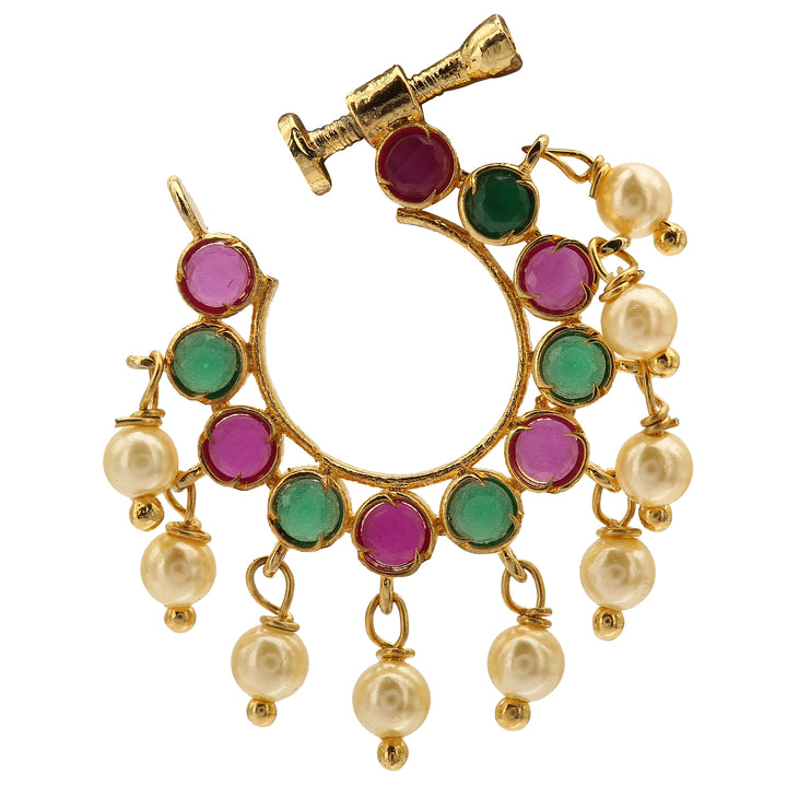 Majestic Wedding Non Piercing Nose Ring Adorned With Ruby-Green AD Stone Design, An Exquisite Bridal Jewellery Creation For Grand Ceremonial Looks – Sasitrends