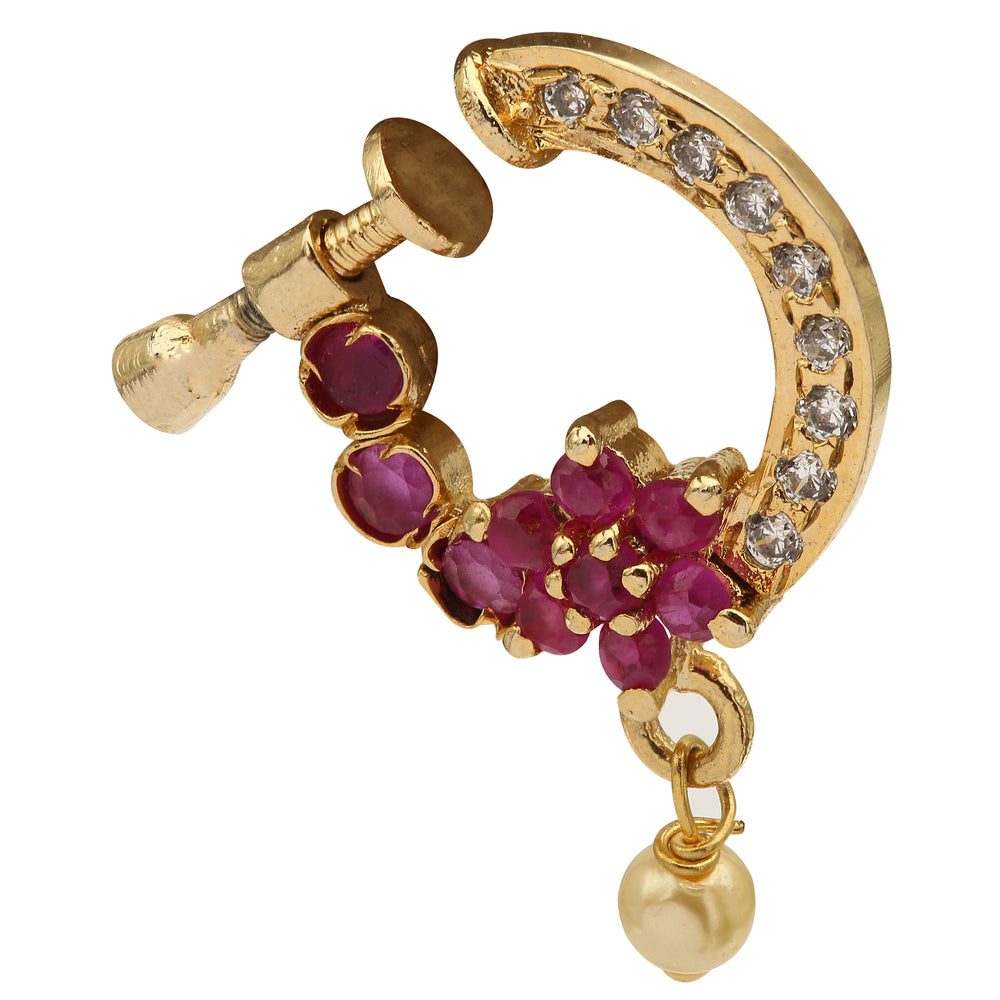 Charming Artificial Flower Nose Ring Featuring Ruby-White AD Stone Highlights, An Ethnic Festive Nath Jewellery Piece For Grand Occasions – Sasitrends