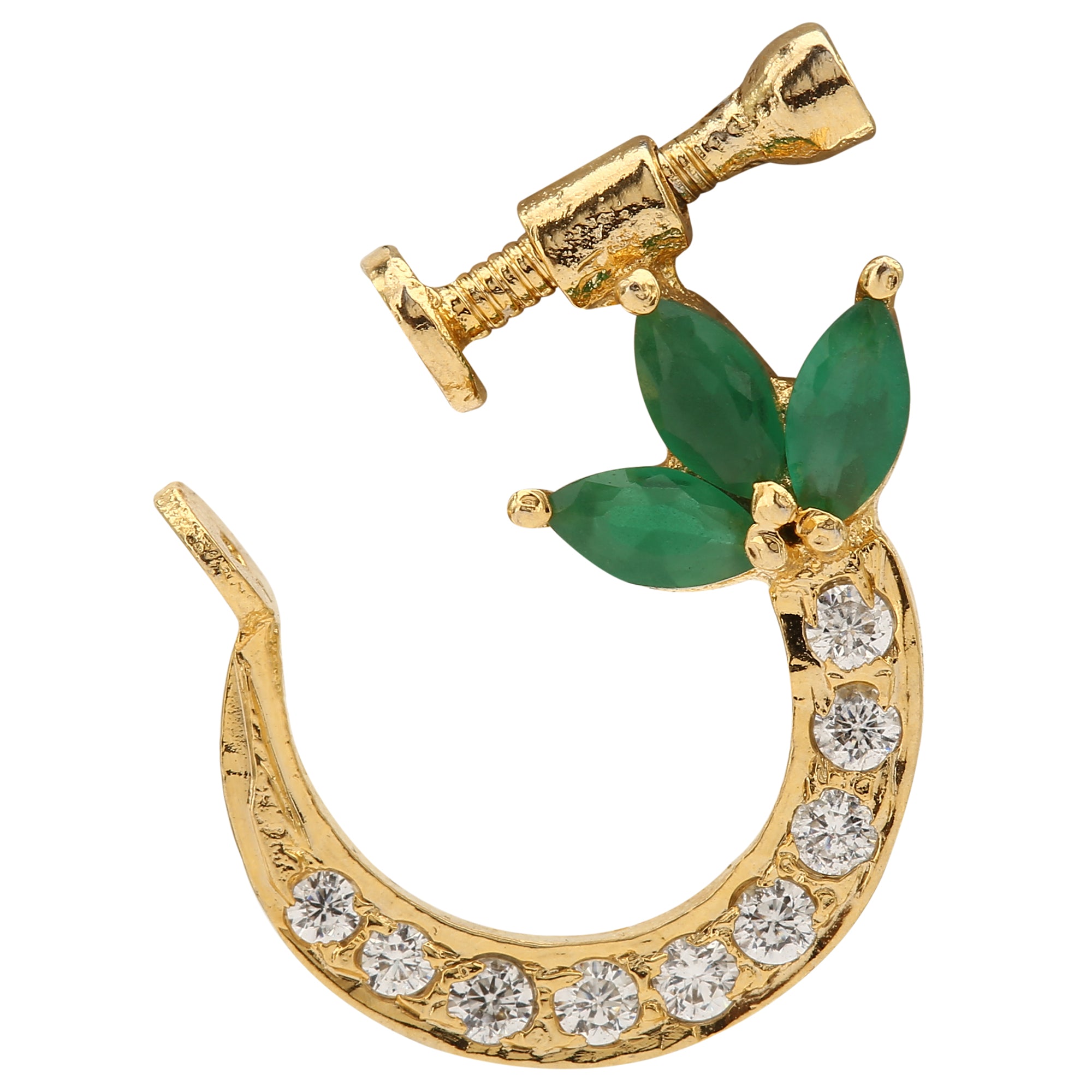 Classic Gold Plated Leaf Nose Pin With Green-White Stone Setting, A Regal Cultural Jewellery Piece Crafted For Graceful Festivities – Sasitrends