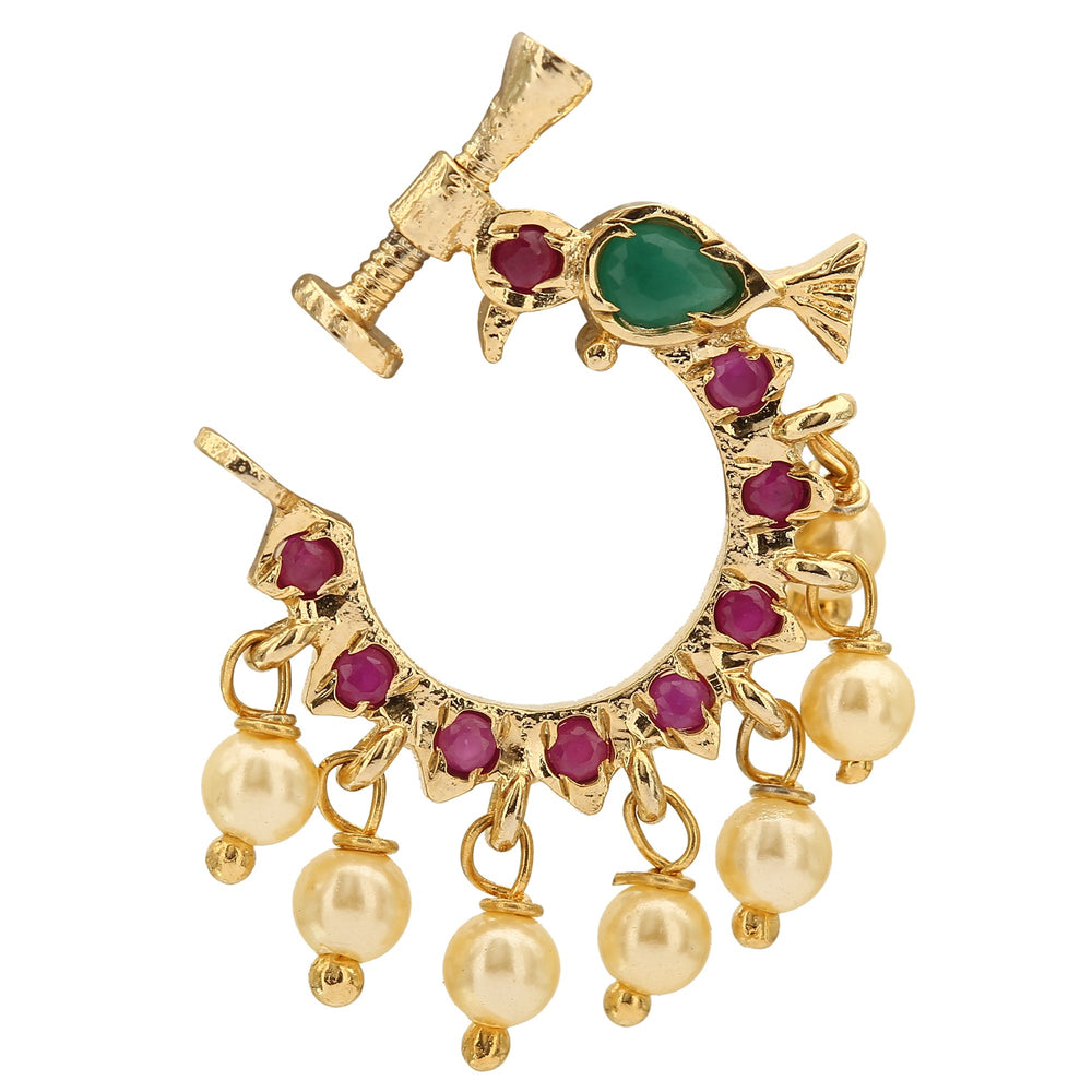 Graceful Nose Pin Featuring Pearl And Ruby-Green AD Stones, A Traditional Wedding Jewellery Piece That Brings Ethnic Elegance To Women’s Looks – Sasitrends