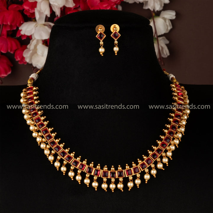 Sasitrends Classic Matte Gold Plated Square Stone Connect With Pearl Necklace Jewellery Set