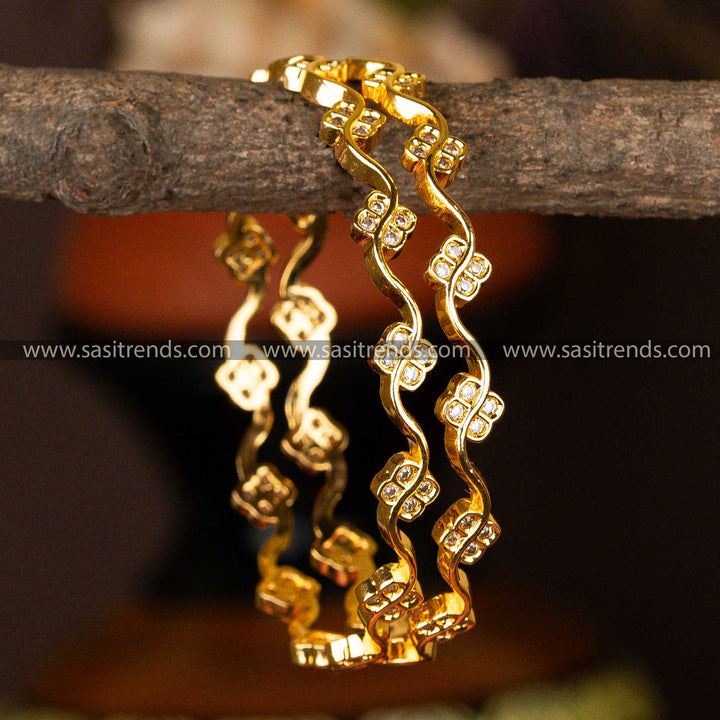Elegant Traditional Micro Gold Plated Triangular Flower Bangles Set with American Diamond Stones - Sasitrends
