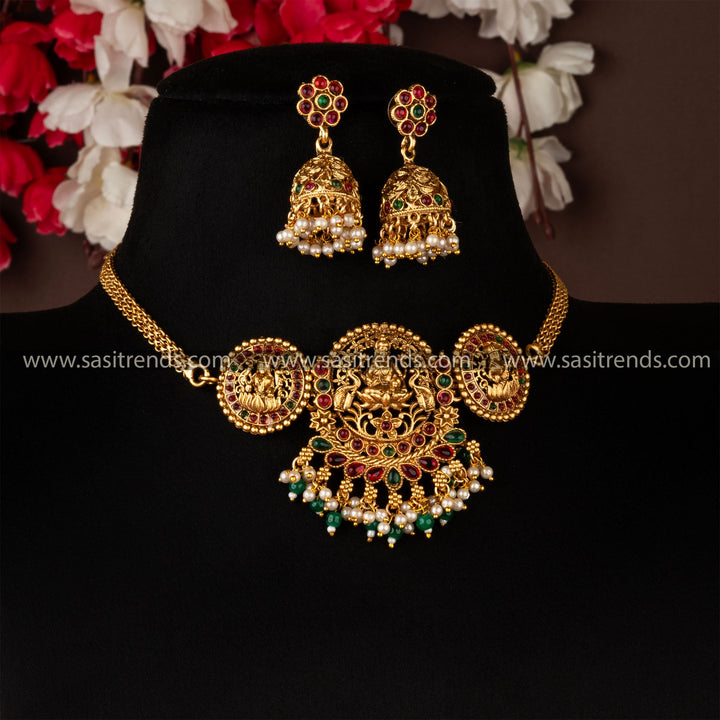 Divine Classic Matte Gold Lakshmi Temple Choker Set with Floral Jhumka Earrings Jewellery Set | Sasitrends