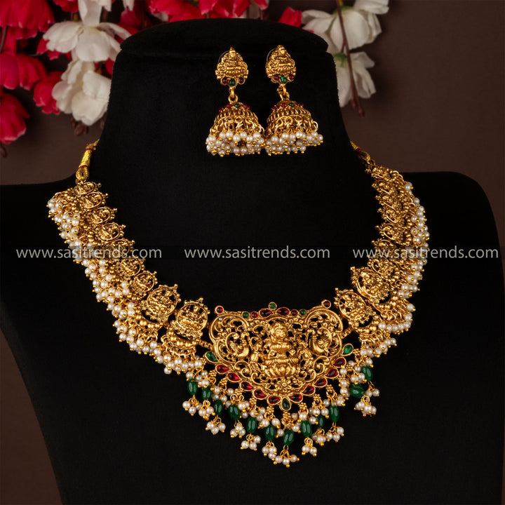 Classic Matte Gold Traditional Lakshmi and Peacock Pendant Necklace Jewellery Set | Sasitrends