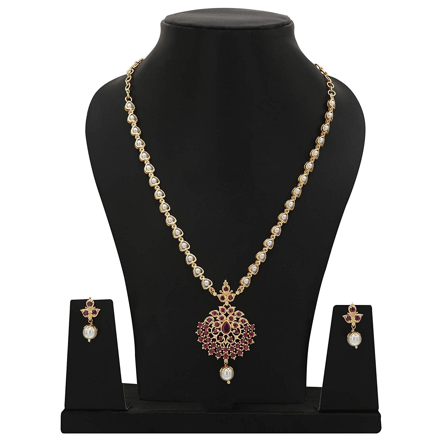 Micro Gold Plated Floral Pendant Pearl Necklace Set - Traditional Women's Jewelry