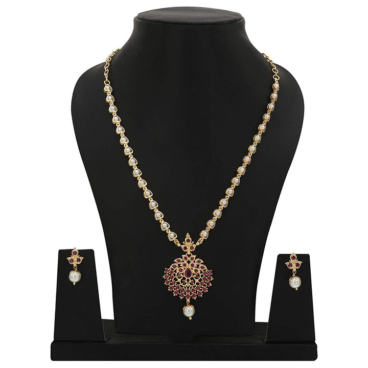 Micro Gold Plated Floral Pendant Pearl Necklace Set - Traditional Women's Jewelry