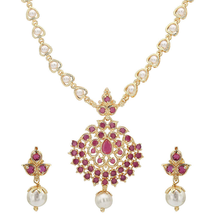 Trendy Traditional Look: Micro Gold Plated Floral Pendant Pearl Necklace Set for Women