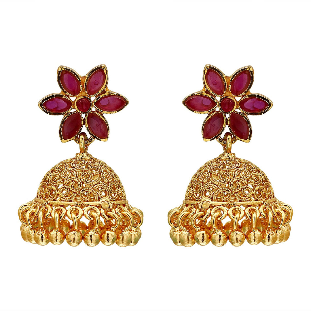 Micro Gold Plated Ruby Color Stone Jhumkas: Trendy Traditional Wear for Women