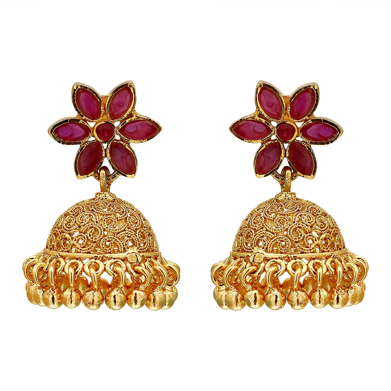 Micro Gold Plated Ruby Color Stone Jhumkas: Trendy Traditional Wear for Women