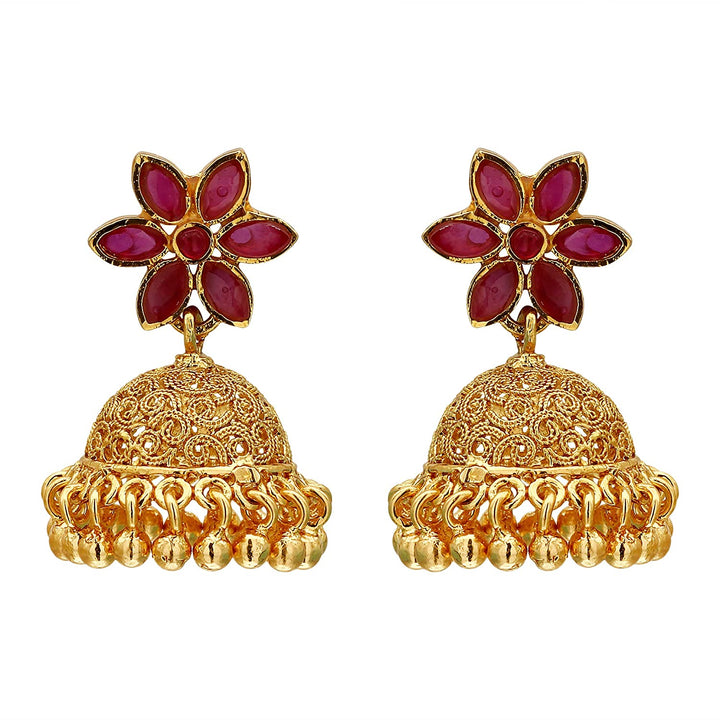 Trendy Traditional Wear: Micro Gold Plated Stone Floral Motif Jhumkas Earrings for Women - Sasitrends