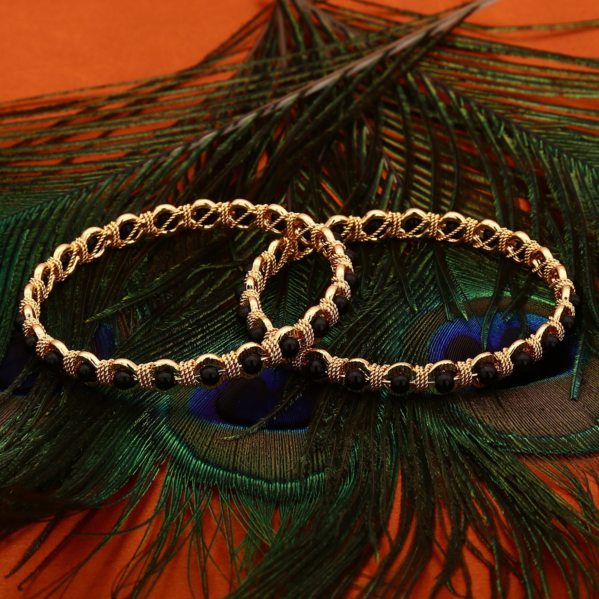 New Traditional Micro Gold Plated Black Bead Bangles - Brass with One Gram Micro Gold Plating, Perfect for All Occasions