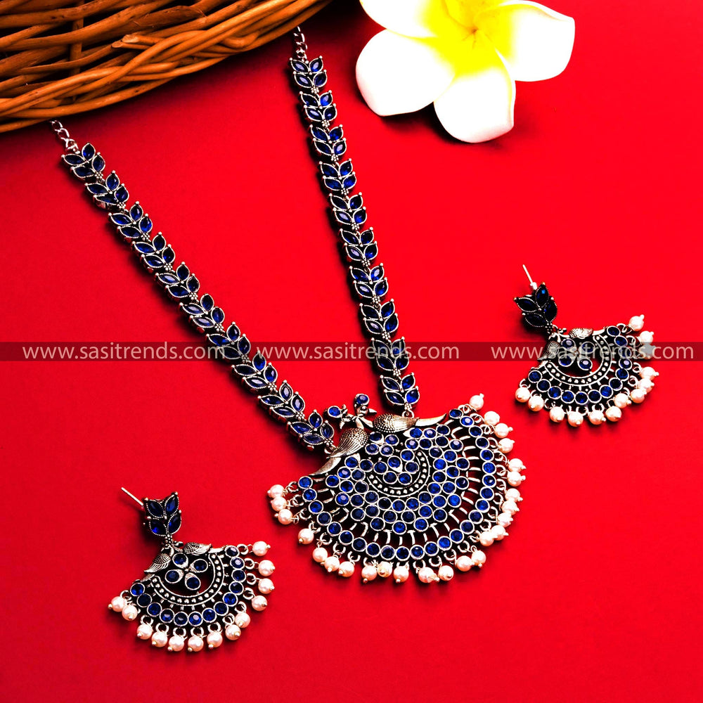 Traditional Oxidised German Silver Long Necklace with Peacock Pendant