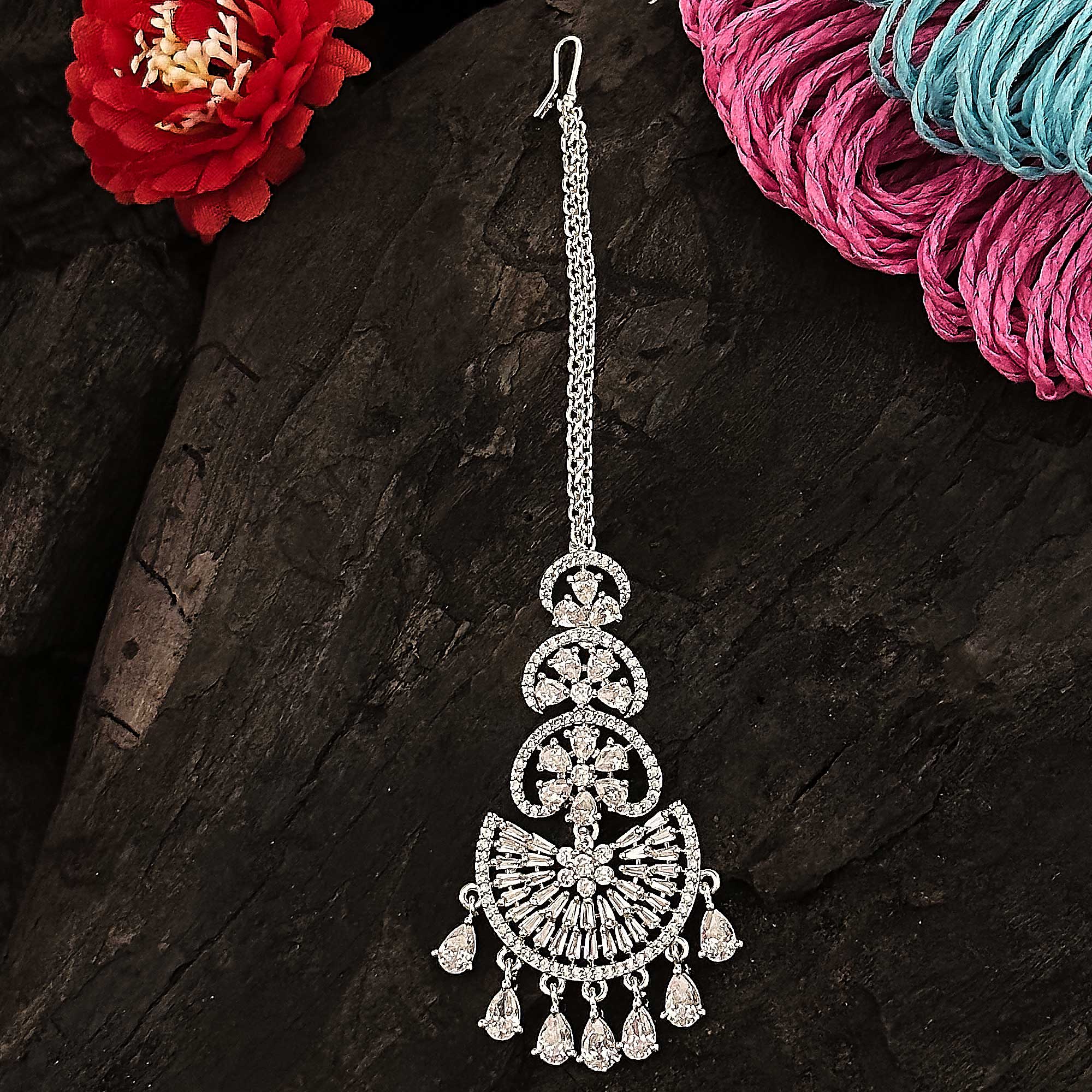 Rhodium Silver Party Wear Maang Tikka Set with American Diamonds