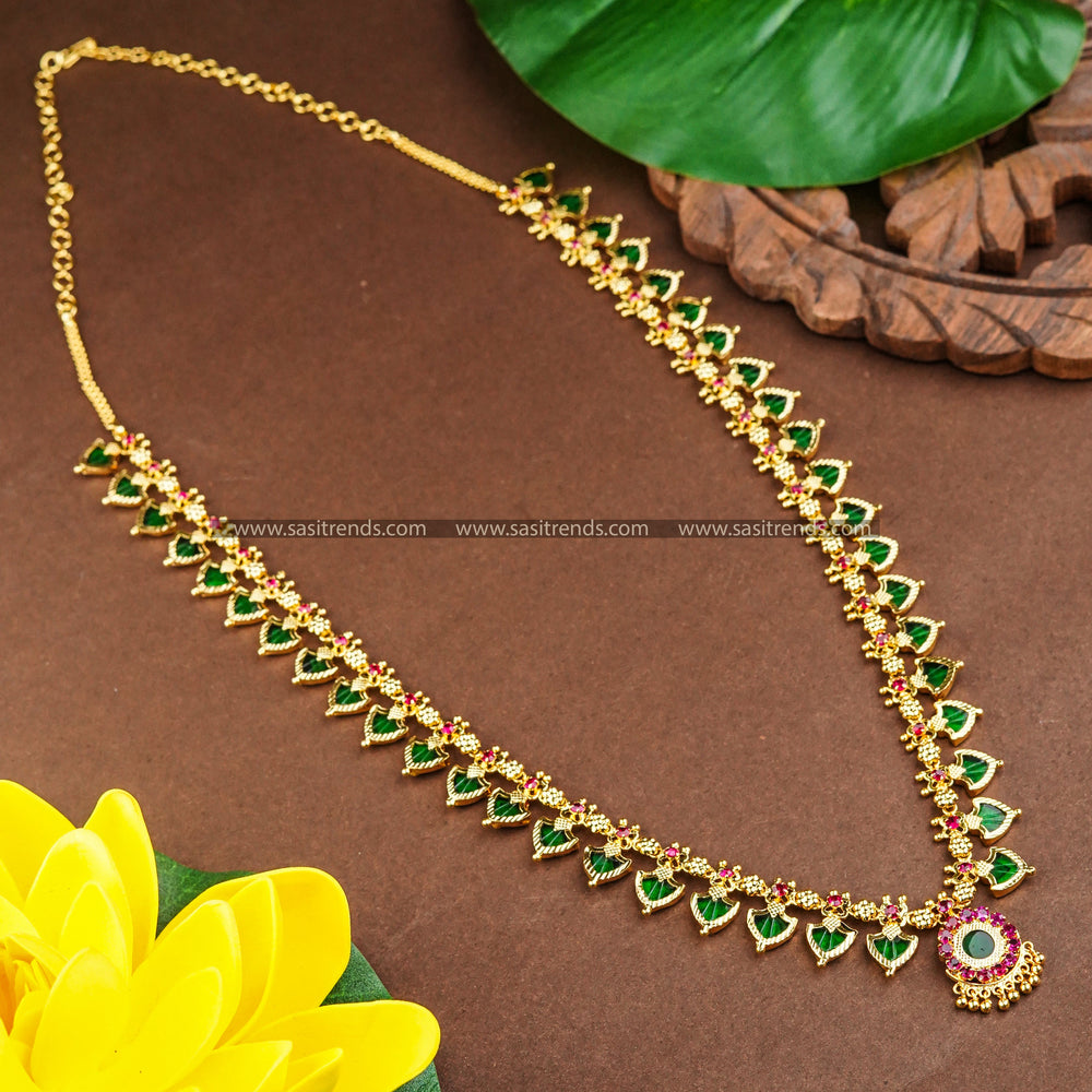 Exquisite Long Palakka Necklace with Green and Pink AD Stones