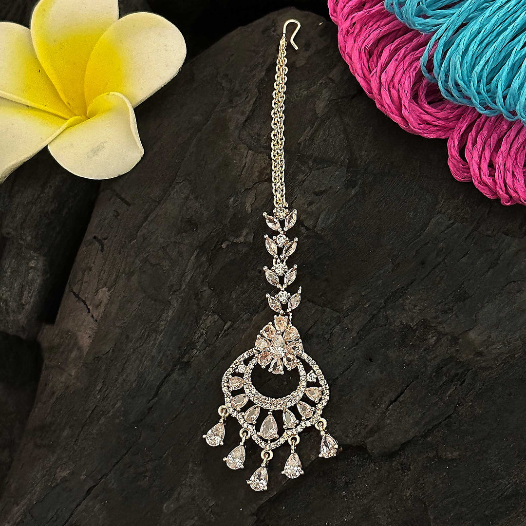 Shimmering Chandbali Floral Maang Tikka Set Rose Gold Plated American Diamond Bridal Look
