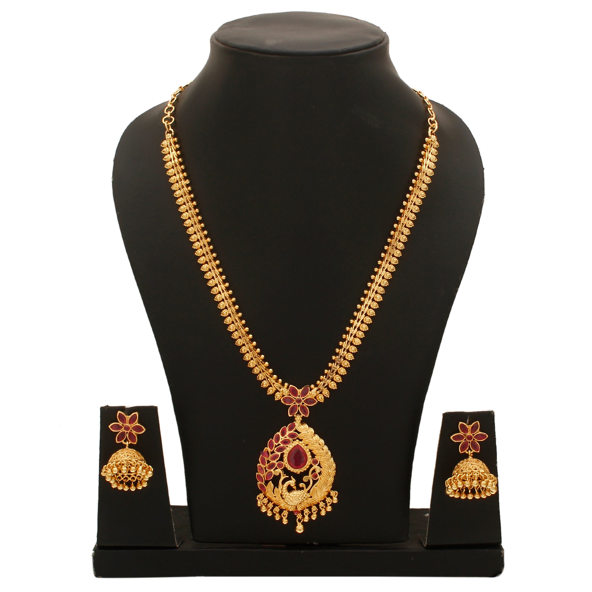 Exquisite Peacock Pendant Micro Gold Plated Mango Necklace Set with Matching Jhumkas - Sasitrends