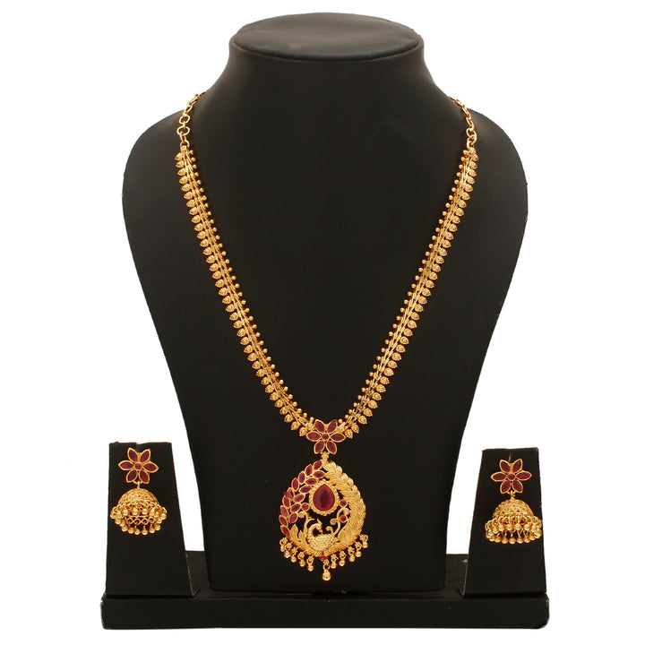 Exquisite Peacock Pendant Micro Gold Plated Mango Necklace Set with Matching Jhumkas - Sasitrends
