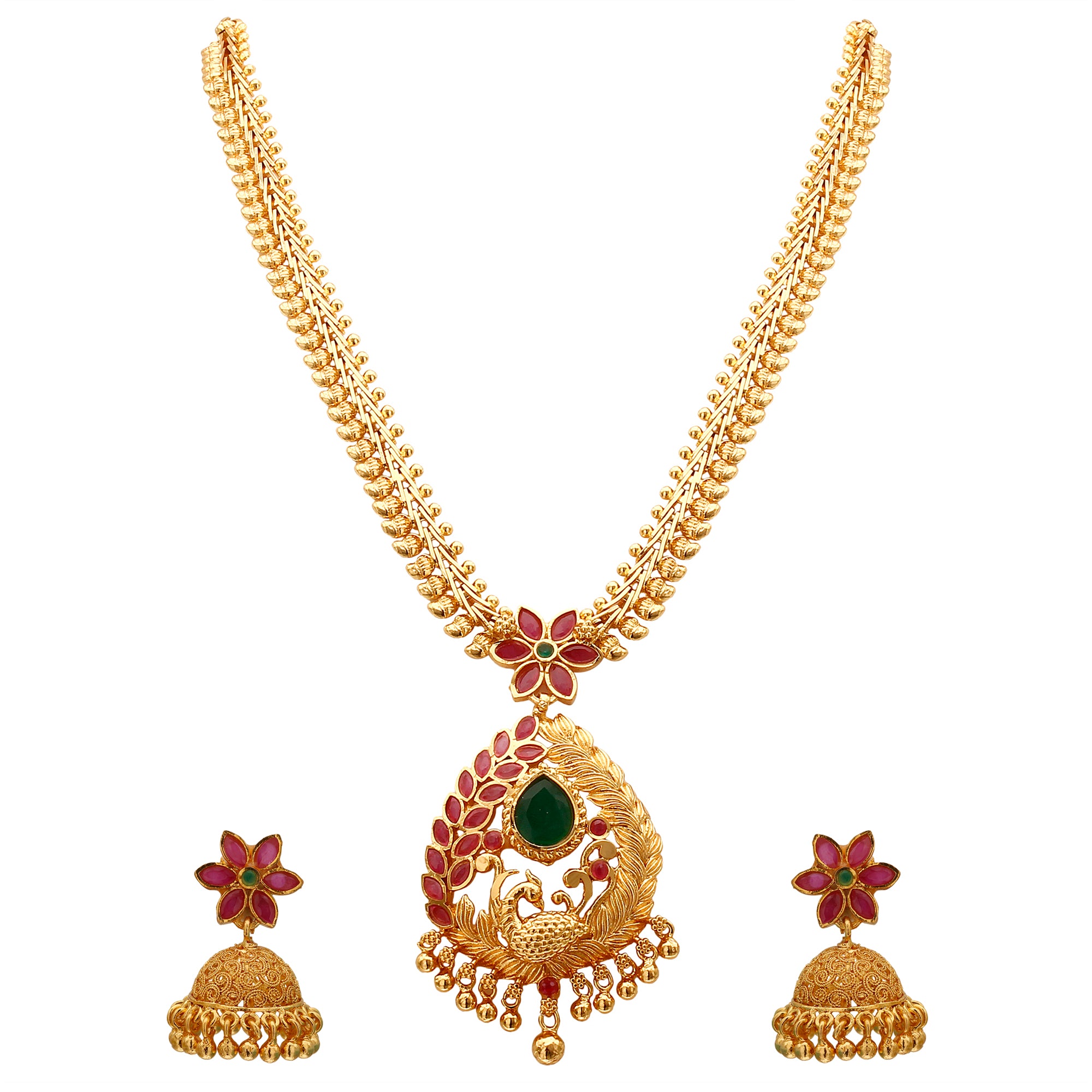 Exquisite Peacock Pendant Micro Gold Plated Mango Necklace Set with Matching Jhumkas - Sasitrends