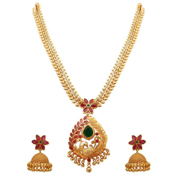 Exquisite Peacock Pendant Micro Gold Plated Mango Necklace Set with Matching Jhumkas - Sasitrends