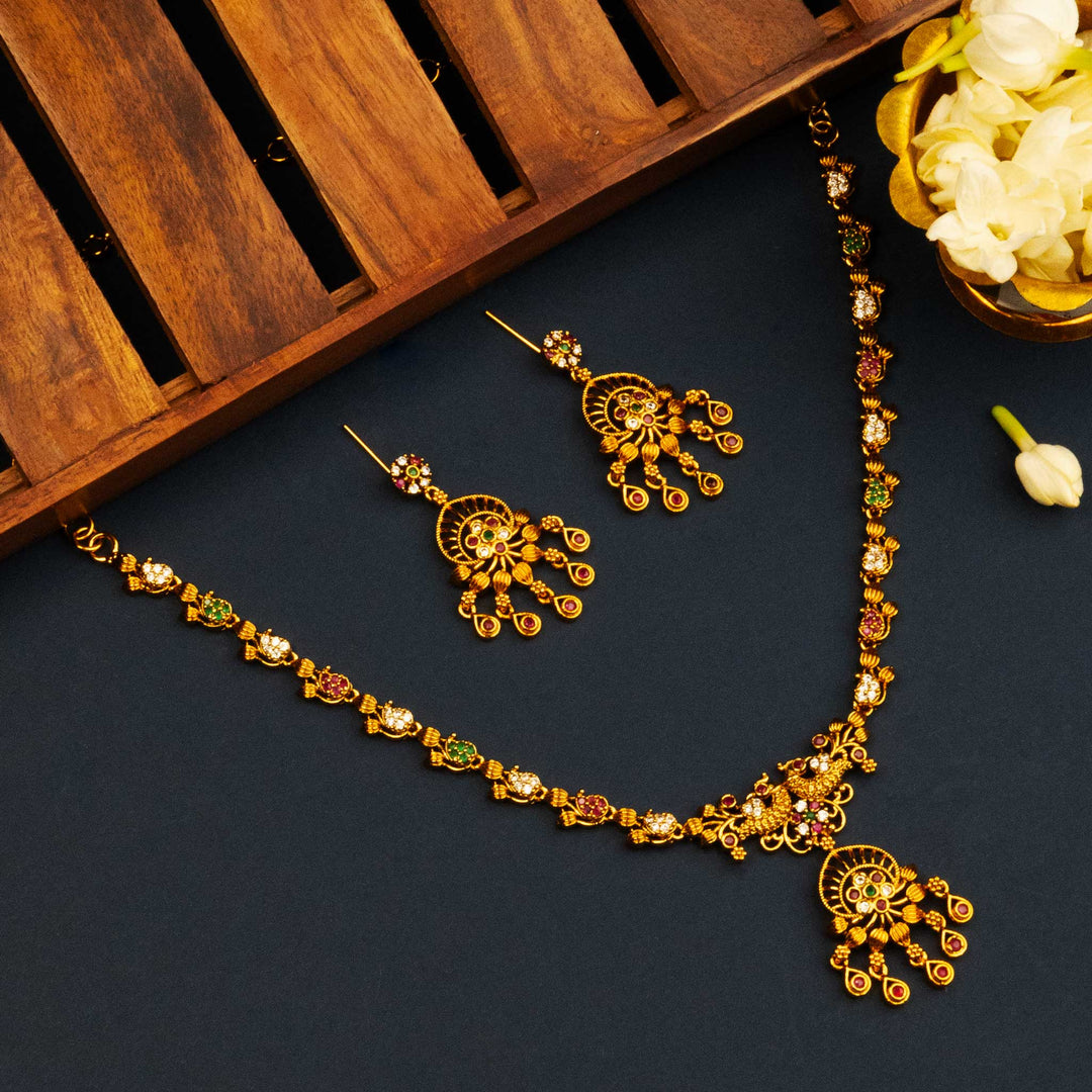 Matte Gold Temple Peacock Necklace Set with Earrings with AD Stones