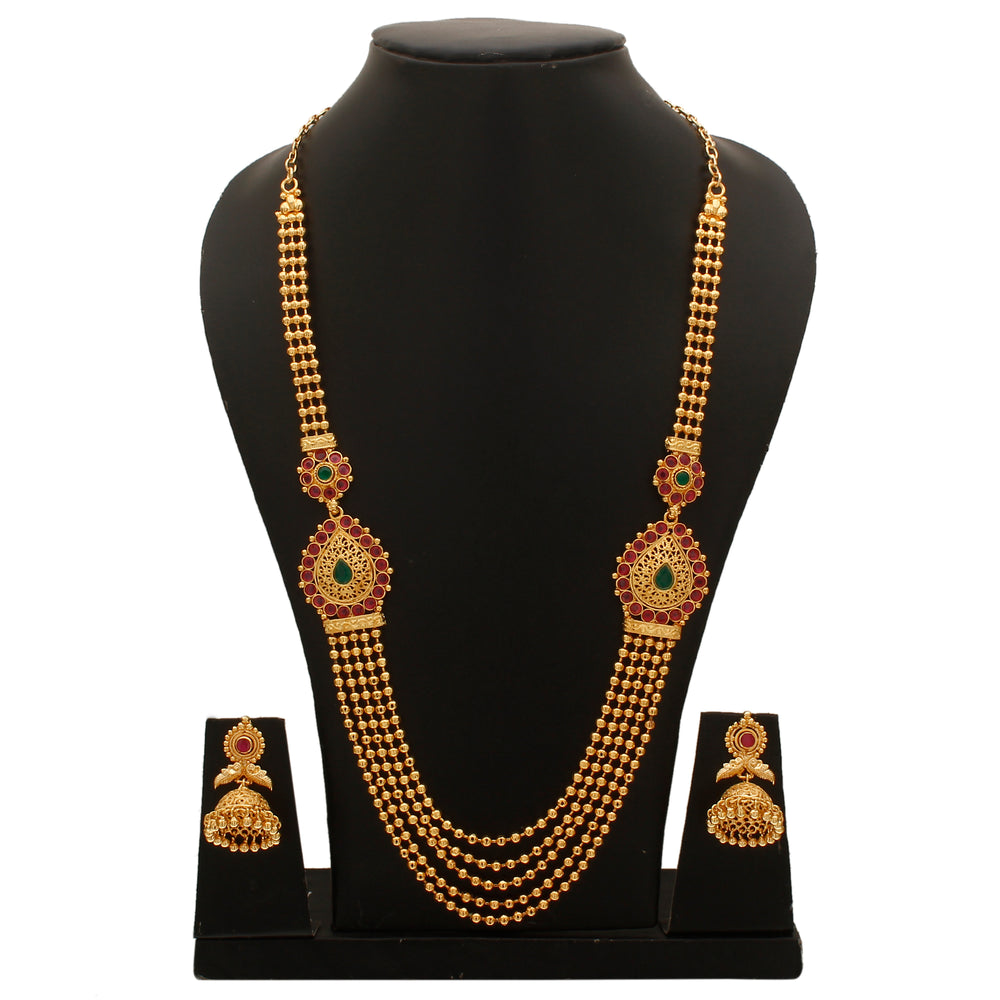 Micro Gold-Plated Traditional Necklace with Mugappu Motif and Jhumkas - AD Stones