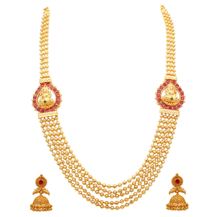 Micro Gold-Plated Traditional Necklace with Lakshmi Mugappu Motif and Jhumkas - Brass Material, AD Stones, Five-Layered Golden Bead Chain