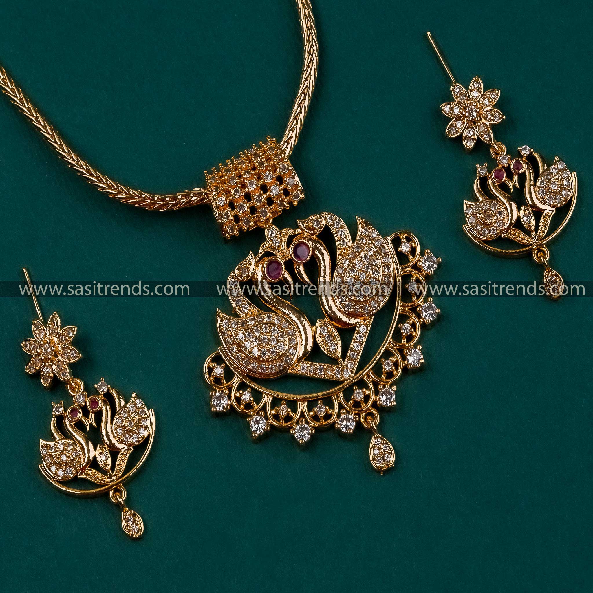 Micro Gold Plated Swan Pendant Necklace Set with AD Stones
