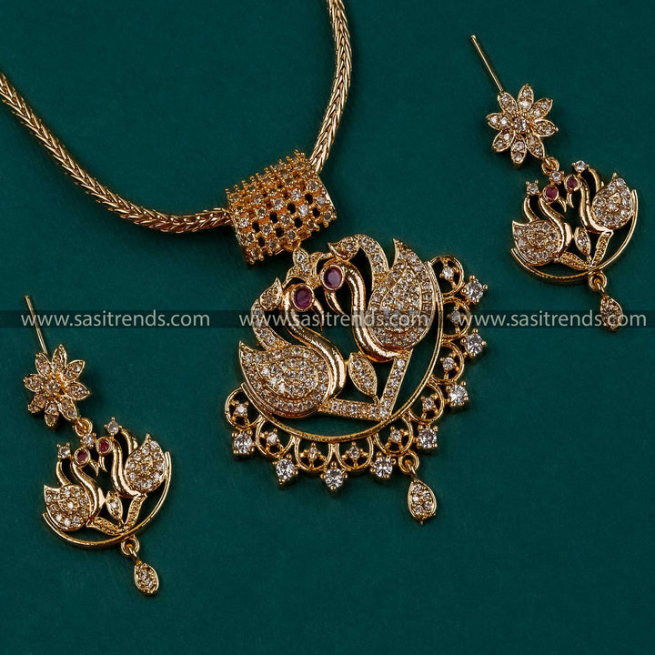Micro Gold Plated Swan Pendant Necklace Set with AD Stones