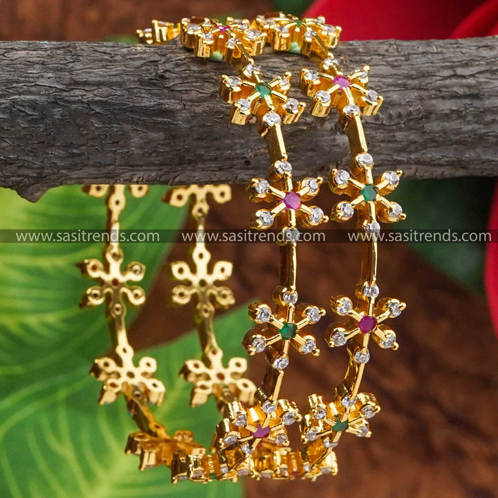 Multi-Color Flower Motif Bangle Pair with Ruby Green Stone and American Diamond Stones | One Gram Micro Gold Plated Bangles