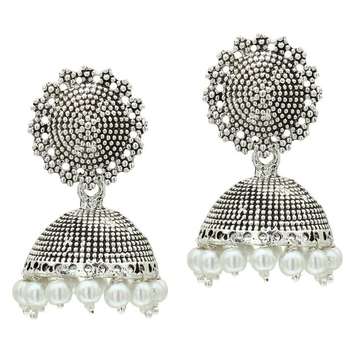 Oxidised Silver Pearl Jhumka Earrings - Sasitrends