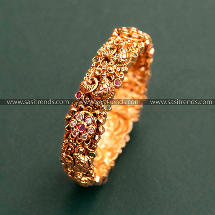 Grand Festival Special: Temple Matte Gold Plated Floral & Peacock Motif Openable Kada Bangle for Women
