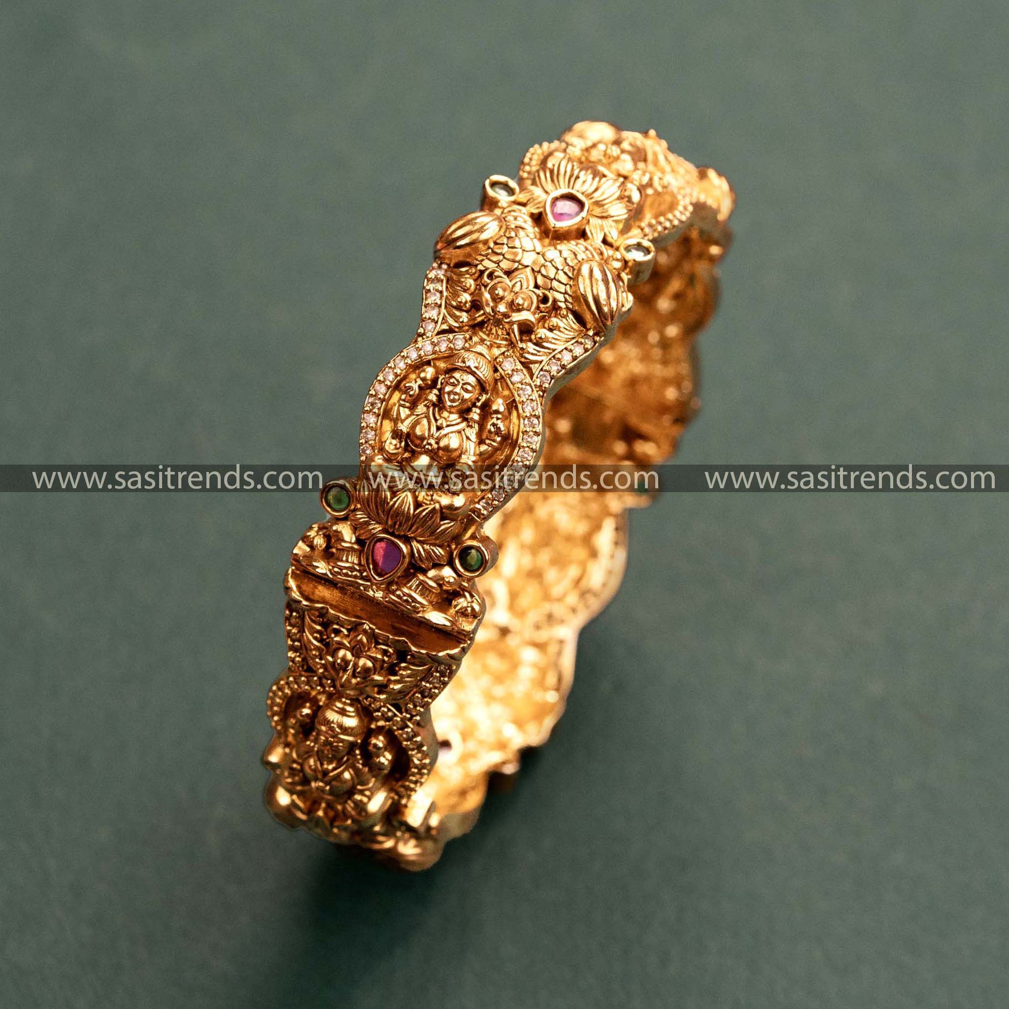 Temple Gold Finish Lakshmi & Peacock Motifs Kada Bangle with Ruby-Green Stones