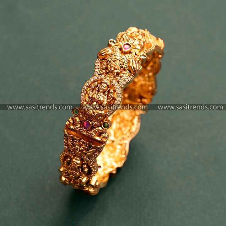 Temple Gold Finish Lakshmi & Peacock Motifs Kada Bangle with Ruby-Green Stones