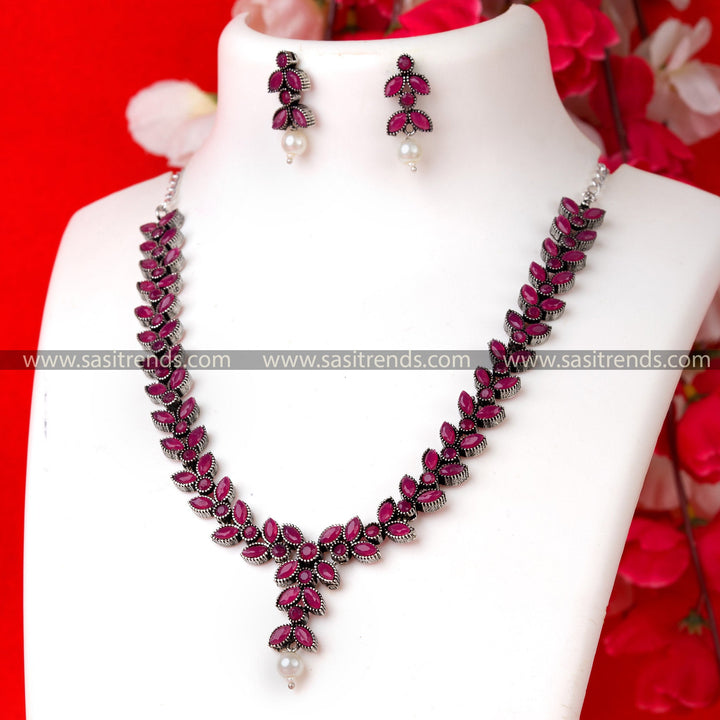 Trendy Ruby Stone Necklace Set with Pearl Earrings | Oxidised German Silver Jewelry