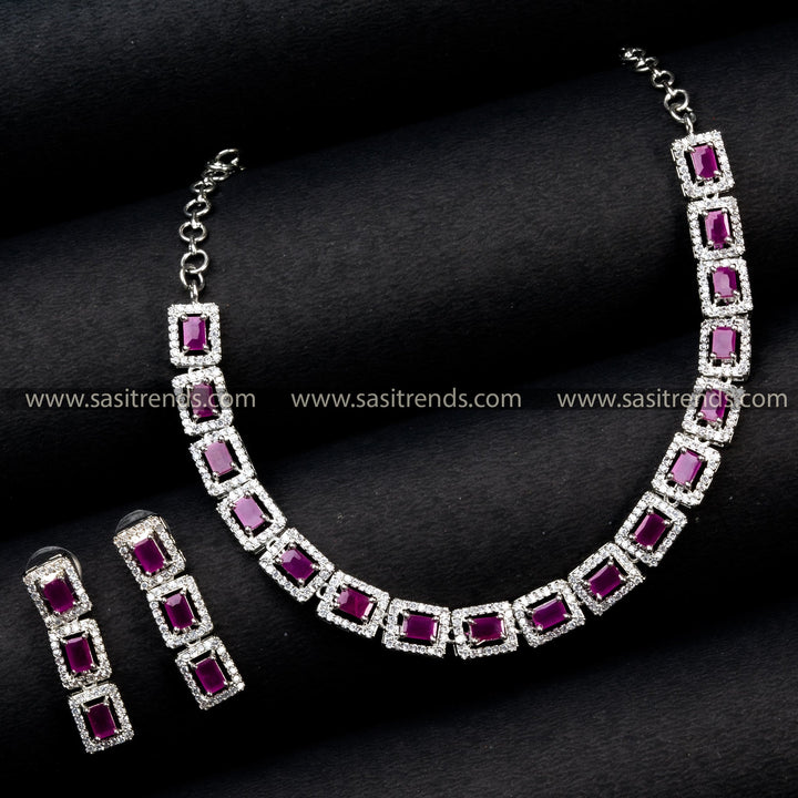 Trendy Party Wear Rhodium Silver Plated Necklace Set with American Diamonds