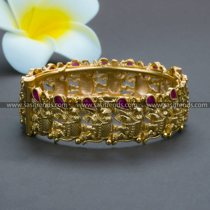 Traditional Bridal Antique Gold Kada Bangle with Elephant Motif & Synthetic Stones