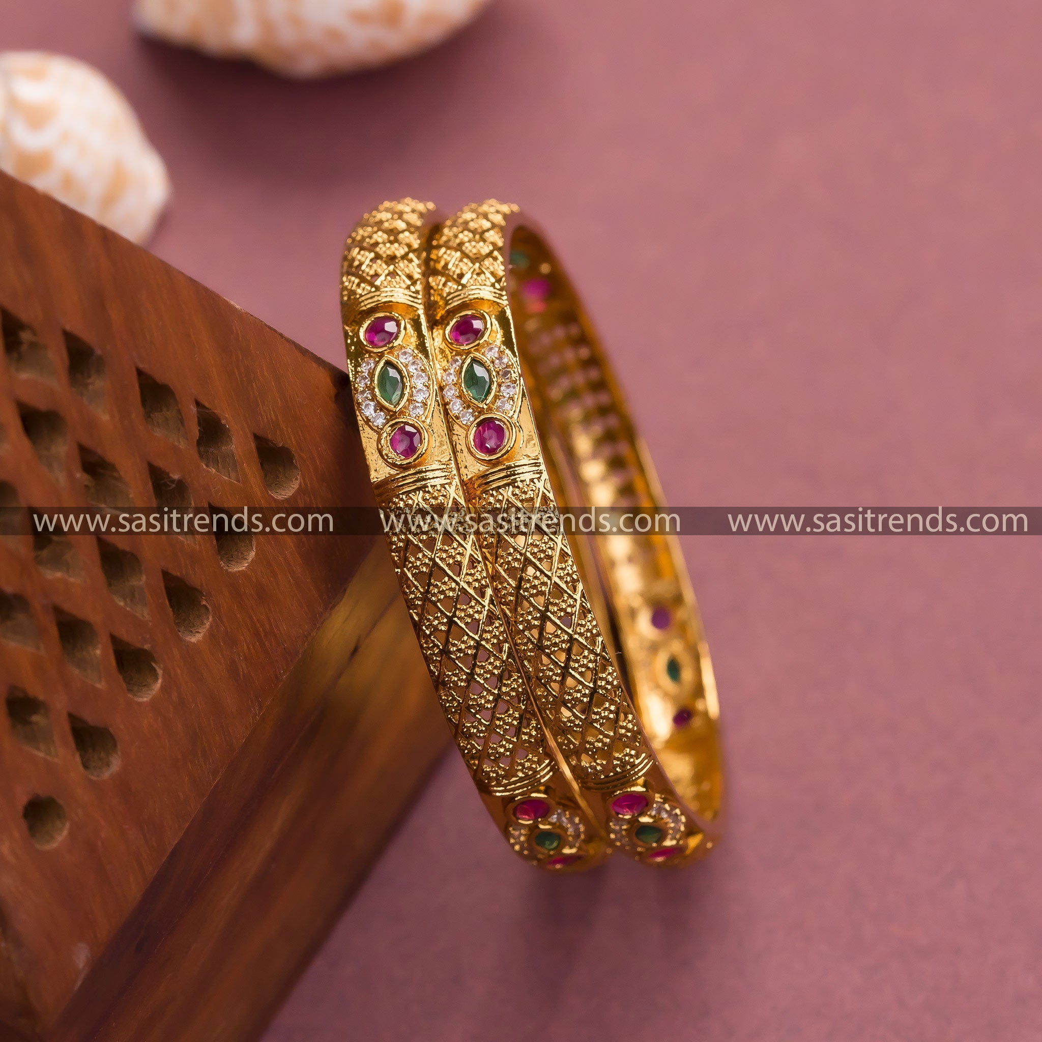 Trendy Temple Gold Plated Bangles with American Diamond Stones Sasitrends