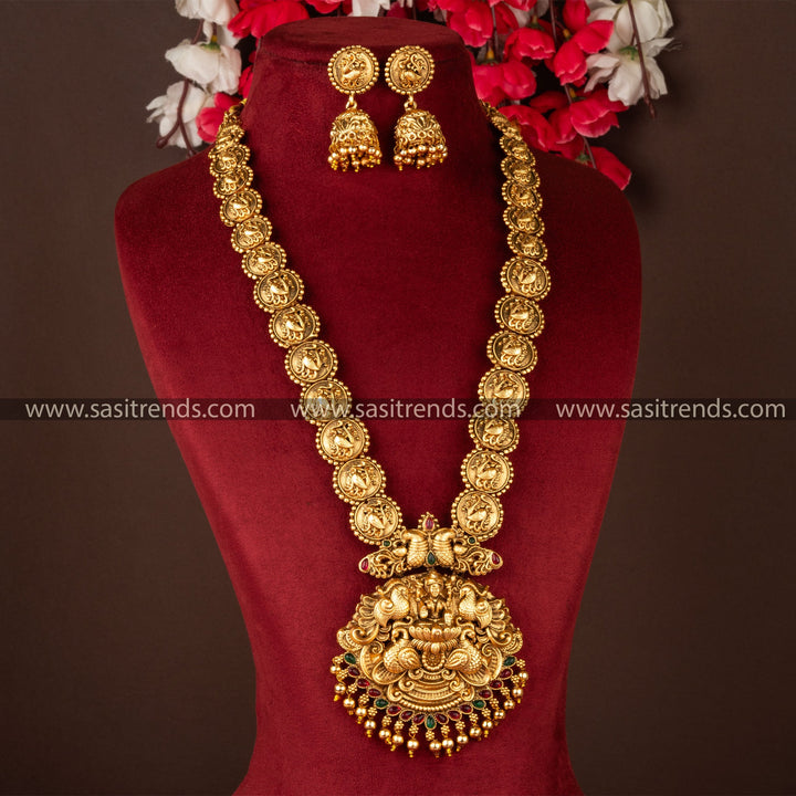 Classic Matte Gold Divine Lakshmi Pendant Long Necklace Jewellery Set with Jhumka Earrings