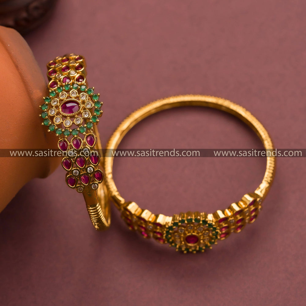 Stunning Matt Gold Plated American Diamond Floral Bangles for Women - Online Shopping