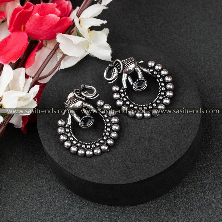 Trendy Oxidised German Silver Elephant Designer Oval Monalisa Stone Earrings