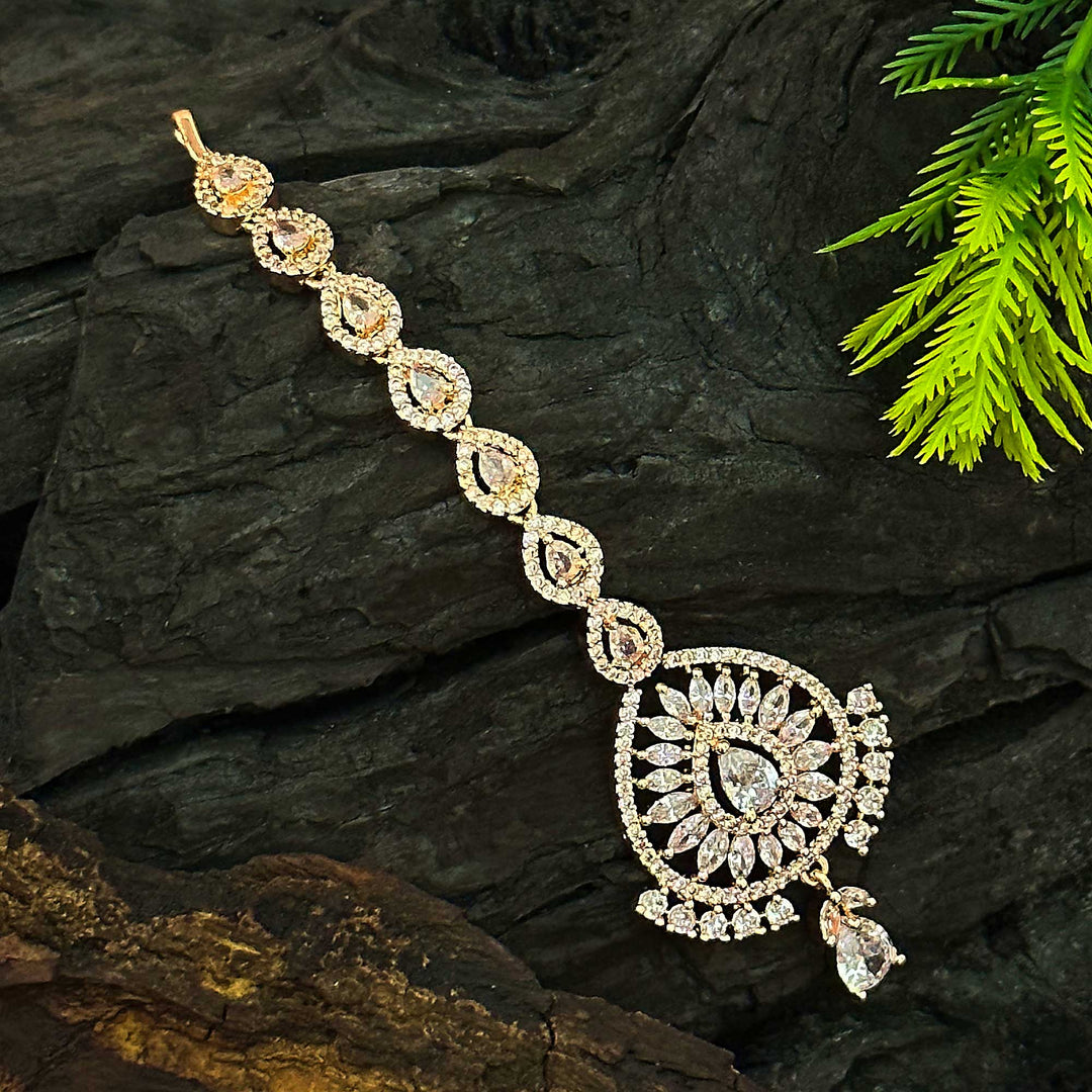 Rose Gold American Diamond Maang Tikka For Women Bridal Jewelry