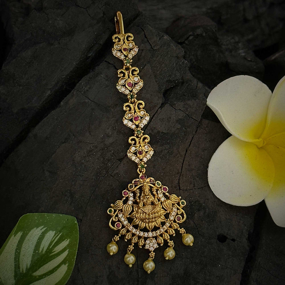 Stunning Temple Matte Gold Plated Bridal Maang Tikka Set with Lakshmi Motif AD Stones Sasitrends